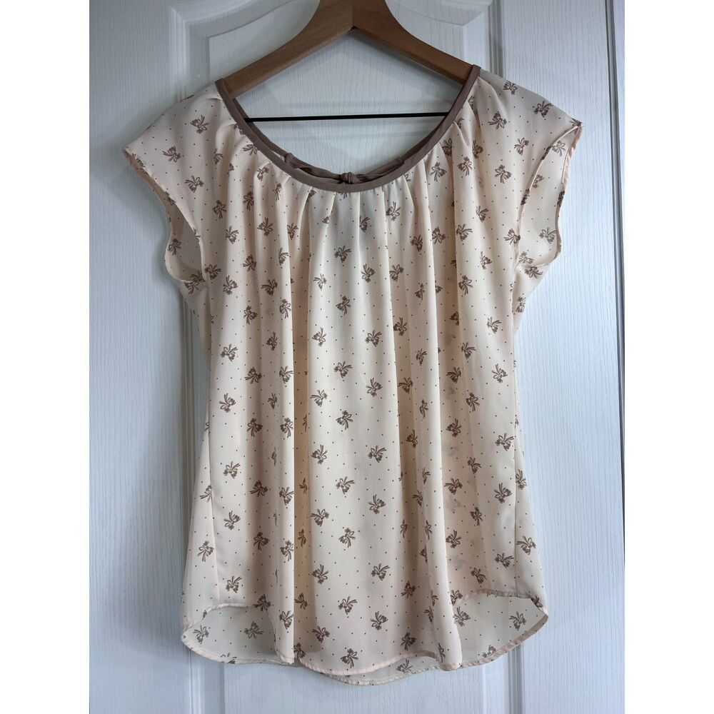 Lauren Conrad Women's Pleated Neck Blouse Bow Print Tie Back Brown Beige Size S
